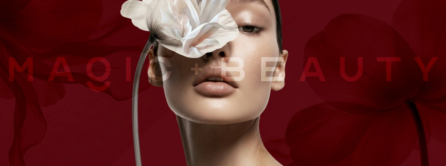 Визуал сайта Magic + Beauty с портретом и белым цветком